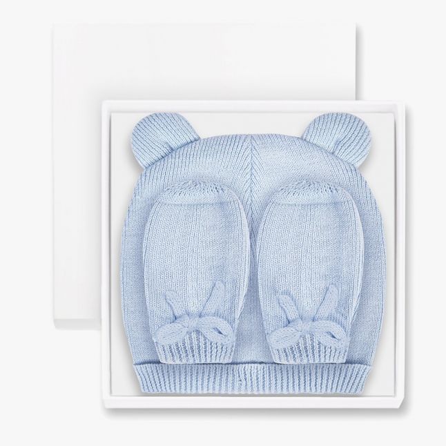 Baby Blue Fine Knit Hat & Mittens Set