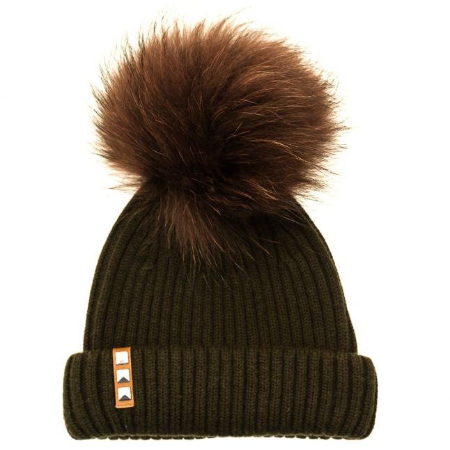 Bklyn Womens Army Green & Brown Merino Wool Hat With Changeable Pom