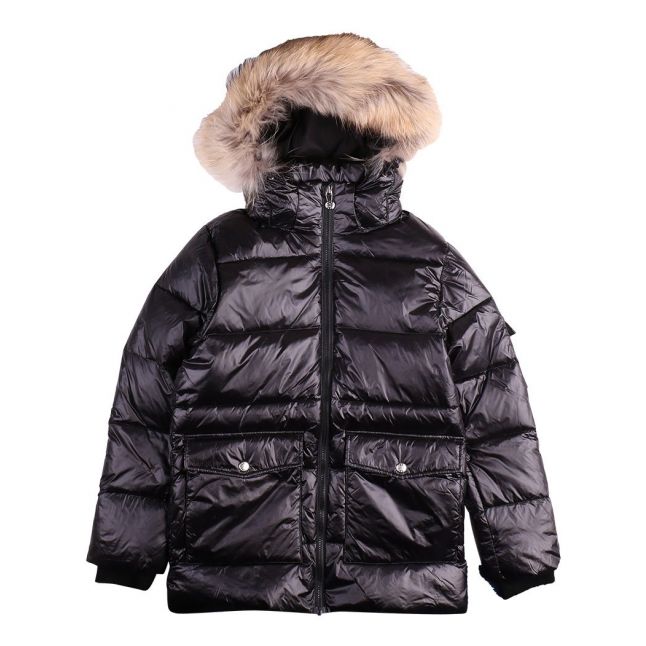 Girls Black Authentic Shiny Fur Hooded Jacket