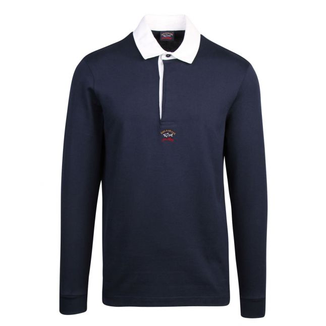 Mens Navy Rugby Collar L/s Polo Shirt
