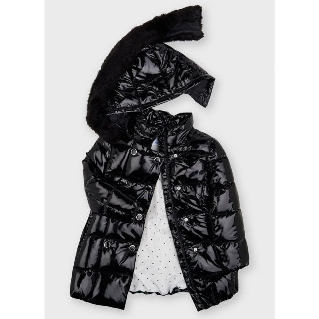Girls Black High Shine Padded Hooded Coat