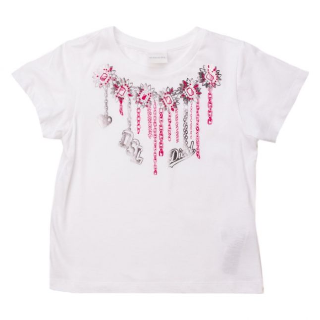 Girls White Printed Necklace S/s Tee Shirt
