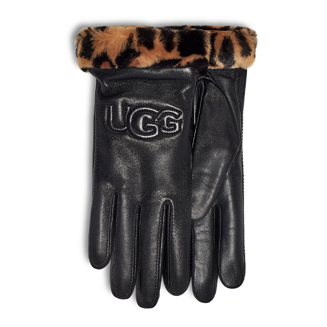 Womens Black/Leopard Faux Fur Tech Leather Gloves 100730 by UGG from Hurleys