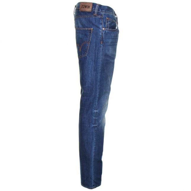 Mens 11.5oz Mid Blue Used Wash ED-55 Relaxed Tapered Fit Jeans