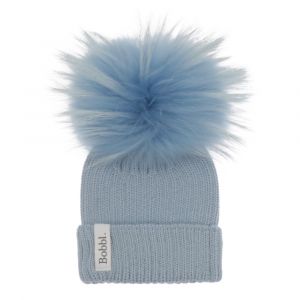 Girls Baby Blue/Sky Blue Baby Merino Hat With Fur Pom
