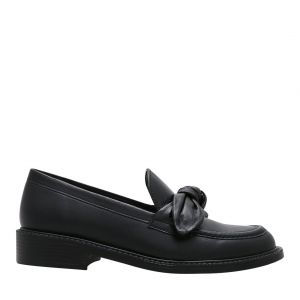 Womens Black Lacy Leather Bow Loafers
