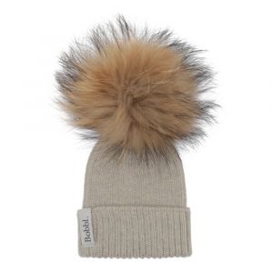Girls Light Grey/Natural Baby Merino Hat With Fur Pom