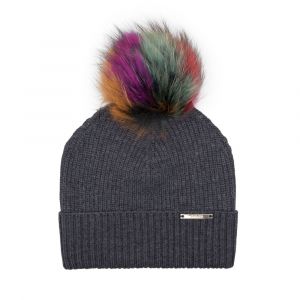 Womens Charcoal/Rainbow Bobble Hat with Fur Pom