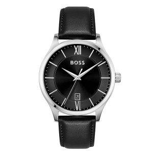 Mens Black/Silver Elite Leather Strap Watch