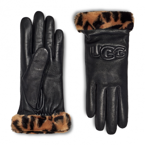 Womens Black/Leopard Faux Fur Tech Leather Gloves