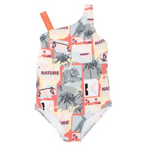 Girls Coral Red Collage Print Swimsuit