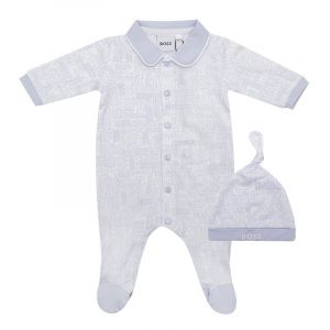 Baby Pale Blue/White Hat + Babygrow Set