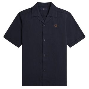 Fred Perry Shirt Mens Navy Linen Revere Collar S/s