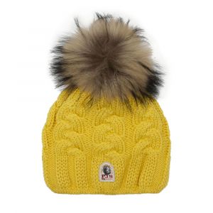 Girls Dusty Yellow Cable Knitted Fur Beanie
