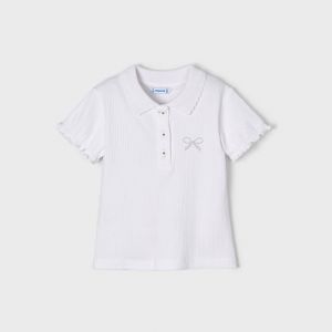 Girls White Ribbed Bow S/s Polo Shirt