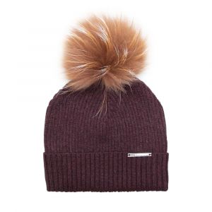 Womens Burnt Red/Brown Pink Tips Bobble Hat with Fur Pom