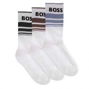 BOSS Socks Mens White 3PK Rib Stripe Socks