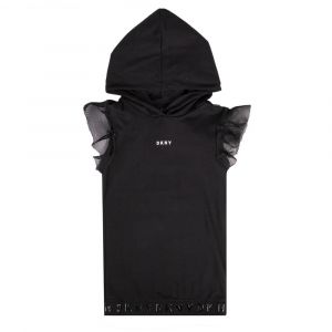 Girls Black Net Trim Hoodie Dress