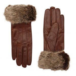 Womens Dark Caramel Fur Trim Leather Gloves