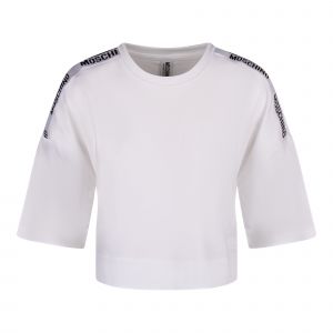 Moschino Crop T Shirt Womens White/Black Tape Shoulder Crop S/s T Shirt 