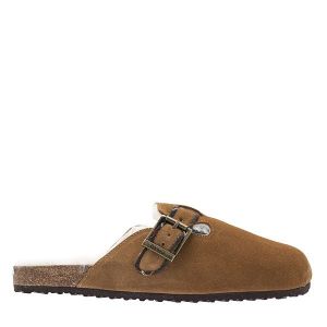 Womens Camel Suede Nellie Buckle Slippers